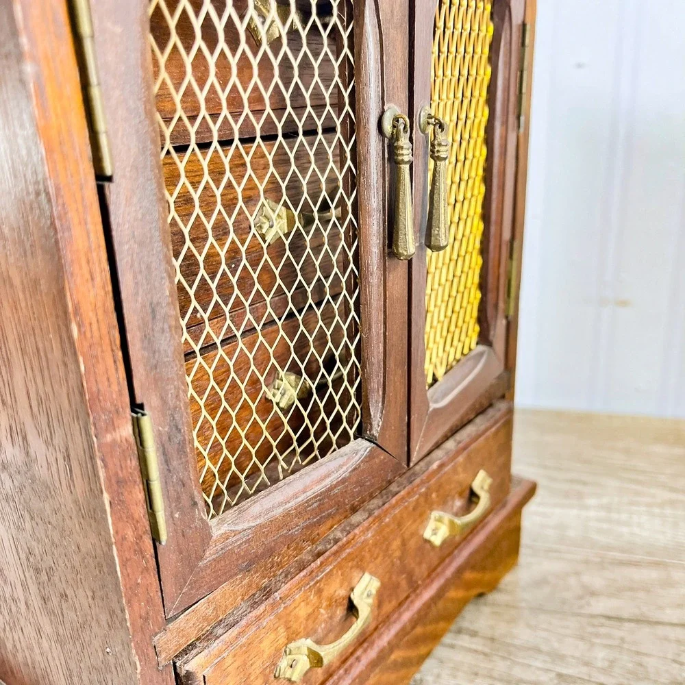 Vintage‎ Wood Musical Jewelry Box Armoire Cabinet Mesh Doors Brown Gold Hardware